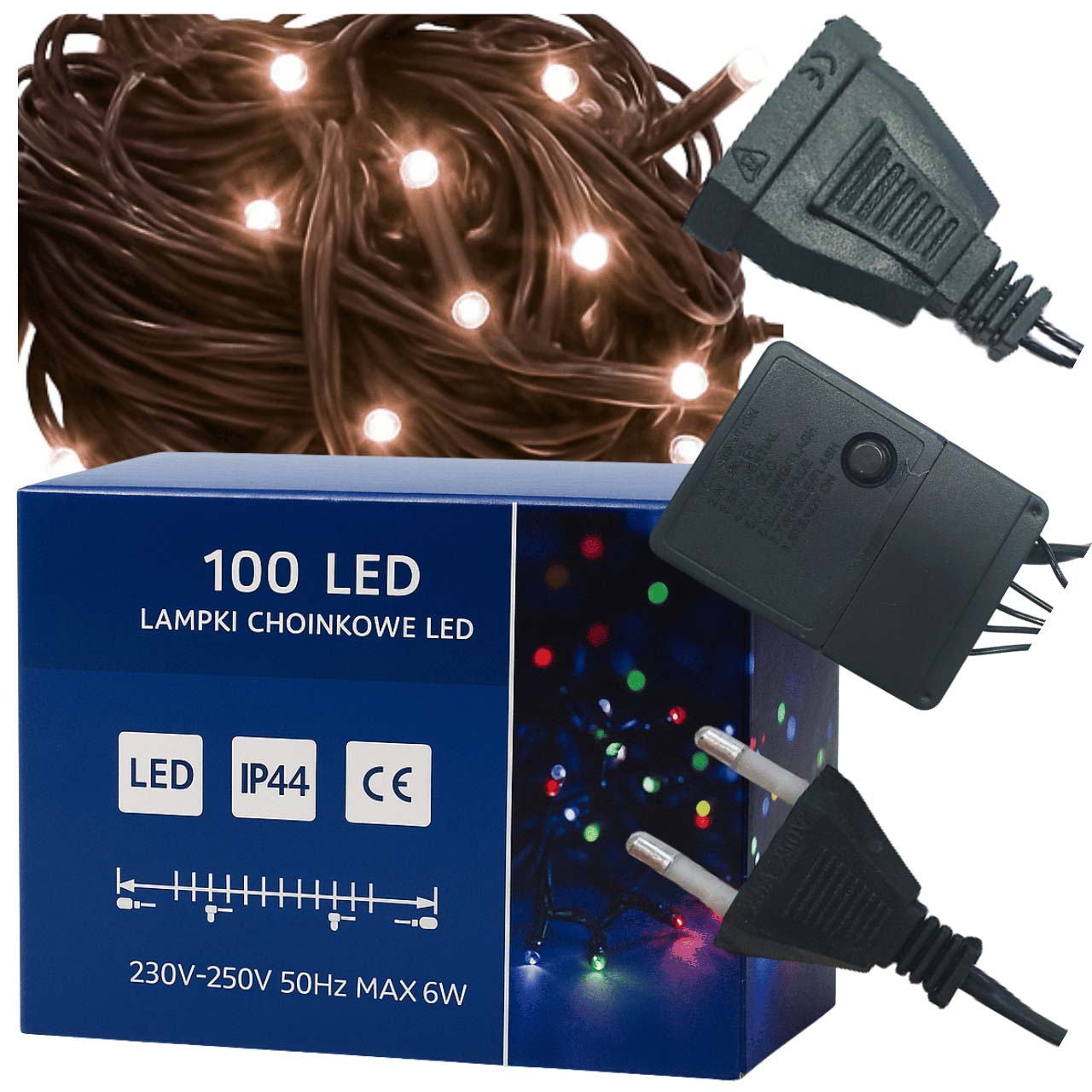 Lampki choinkowe 100 LED 6,5m biały ciepły zewnętrzne wewnętrzne